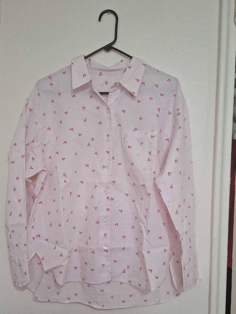Pink Heart Print Button-Up Shirt - Women’s Relaxed Fit